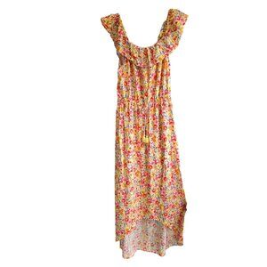 Bright Floral Ruffle Maxi Dress With Elastic Waist & Tassel Tie